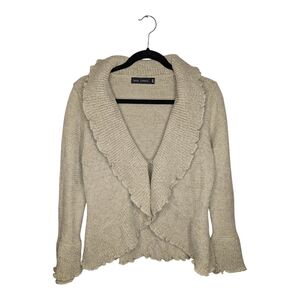 Casual Express 90s Y2K Beige Knit Ruffle Cardigan Sweater Women’s Medium